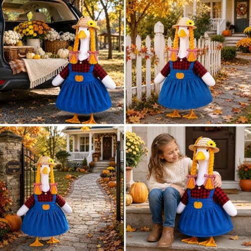 Fall Porch Goose Outfits Pumpkin Dress for 23" Plastic Cement Porch Goose Statue for Harvest Autumn Girl Outdoor Garden Patio Yard Lawn Art Decoration - Image 7