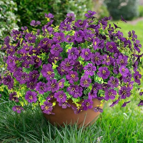 Daisy Artificial Flowers for Outdoors Decor, 12 Bundles Faux Daisy with Eucalyptus Fake Plants Greenery UV Resistant Look Real Colorful Faux Flowers for Outside Planter Porch Patio Garden, Dark Purple - Image 2