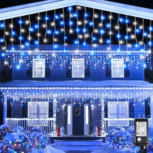 33FT 400 LED Icicle Lights for Outside, Blue and White by XmasBokeh