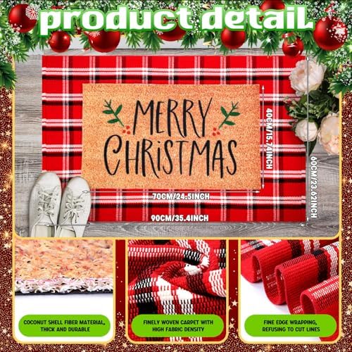 Duraaamo 2 Pcs Merry Christmas Outdoor Doormat Christmas Welcome Coir Doormat Rug Layered Red White Buffalo Plaid Mat for Front Porch Entryway - Image 3