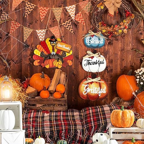 Thanksgiving Decoration Wood Pumpkin Turkey Door Wall Wreath for Front Door Sign Thankful Blessed Grateful, Pumpkin Sign for Fall Autumn Harvest Home Thanksgiving Party Outdoor Halloween Decoration - Image 4