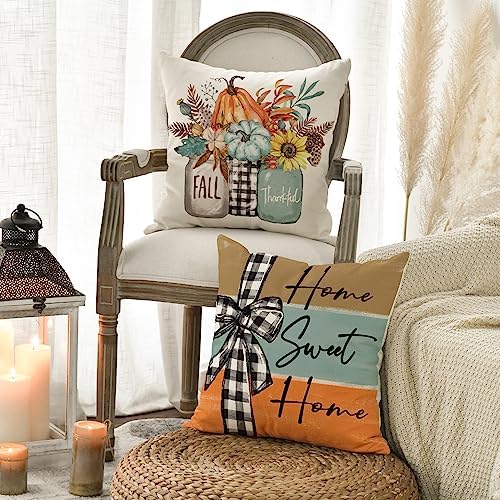 AVOIN colorlife Fall Pumpkin Home Sweet Home Throw Pillow Covers, 20 x 20 Inch Autumn Thankful Grateful Blessed Harvest Floral Decorations for Sofa Couch Set of 4, Blue - Image 5