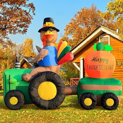 DomKom 6FT Thanksgiving Inflatables Tractor, Fall Blow up Turkey Drive Tractor with Colorful Tail and Pumpkin Happy Thanksgiving Sign, Decorations Outdoor Built-in LED Lights Yard Autumn Harvest - Image 3