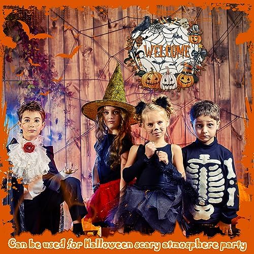 Huwena Halloween Wreaths for Front Door Welcome Sign Happy Halloween Wall Decorations Wooden Spider Web Ghost Black Cat Pumpkin Wreath Hanger for Front Porch Indoor Holiday Decor Party Supply - Image 4