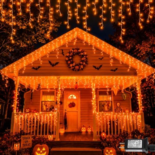 YEGUO 33ft 400 LED Orange Halloween Lights, Connetable Icicle Light Outdoor Waterproof, 8 Modes Christmas Lights Indoor Plug in for Thanksgiving House Patio Fall by YEGUO