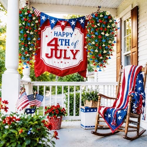 6 Pcs Artificial Hanging Morning Glory Flowers, Red White and Blue Patriotic Hanging Plants, 30 Inch Independence Day Decorations for Outside Porch Patio Outdoor Home Decor - Image 3