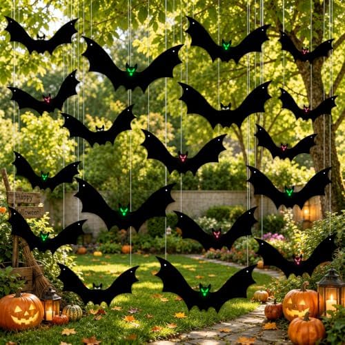 18 Pcs Hanging Bats Halloween Wall Decoration Outside Flying Plastic Bat 3 Size with Eyes Sticker Outdoor Decor for Hanging in The Tree, Porch, Yard, Lawn, Indoor (Bat) by JoyLine