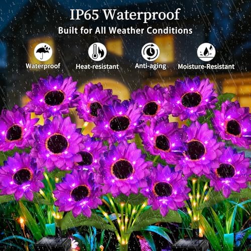 Solar Garden Lights Outdoor, 4 Pack Solar Purple Sunflower Lights with 18 Head 3.5 Inch Flowers, Waterproof Flowers Light Fall Decor Auto ON/Off for Garden Yard Patio Backyard, Gifts for Mom Women - Image 2