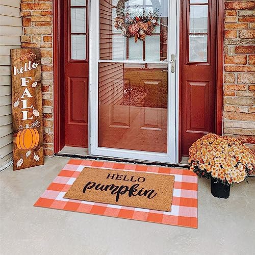 Ckorzen Fall Plaid Rug 28" x 43", Orange and White Buffalo Check Front Porch Outdoor Layered Doormat, Cotton Hand-Woven Washable Rug for Halloween Thanksgiving Autumn Decor - Image 4