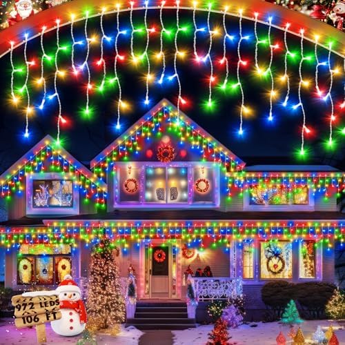 106 FT Christmas Lights Outdoor, 972 LED Waterproof Outside Christmas Lights Plug in, Connectable 8 Modes Hanging Fairy Lights with 216 Drops for House Eaves Yard Patio Decoration, Multicolor by JIXXULVU