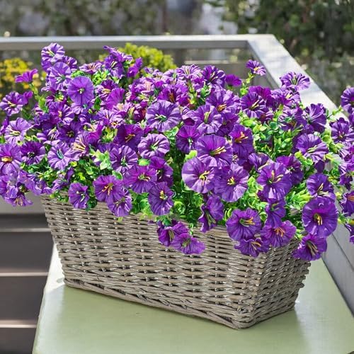 Artificial Flowers Fake Plants for Outdoors Fall Decor, 12 Bundles Purple Silk Morning Glory with Eucalyptus Realistic UV Resistant Faux Flowers Greenery for Outside Planter Yard Garden Home Indoor - Image 2