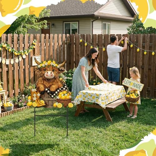 Amyhill Lemon Highland Cow Outdoor Decor Summer Lemon Garden Metal Stakes Decorative Highland Calf Lovers Yard Signs with Stakes for Summer Farmhouse Holiday Garden Lawn Decor - Image 2