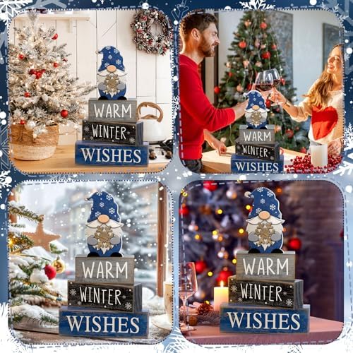 Lineshading 4 Pcs Winter Gnome Wooden Sign Blue Tiered Tray Decor Farmhouse - Image 5