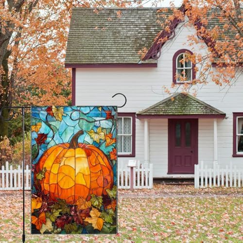Fall Garden Flag For Outdoor Decor Thanksgiving Garden Flags Autumn Stained Glass Pumpkin Maple Leaf Double Sided Small Burlap Outside Porch Lawn Yard Flags Decorations 12.5x18 Inch - Image 5