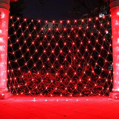 Net Light Outdoor Mesh Christmas Decorations, 100LED String Light Plug in Connectable Tree Warp Hanging 5ft x 5ft for Halloween, Shrubs, Lawn, Backyard, Walkway, Bushes, Garden Decor-Red by Vicila