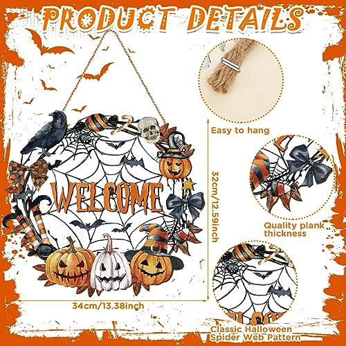 Huwena Halloween Wreaths for Front Door Welcome Sign Happy Halloween Wall Decorations Wooden Spider Web Ghost Black Cat Pumpkin Wreath Hanger for Front Porch Indoor Holiday Decor Party Supply - Image 2