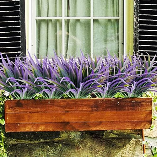 16Pcs Artificial Grass Fake Plants 17.3in Outdoor Plants UV Resistant Faux Greenery Stems Fake Grass for Home Window Garden Office Patio Pathway Front Porch Halloween Décor Green & Purple - Image 2