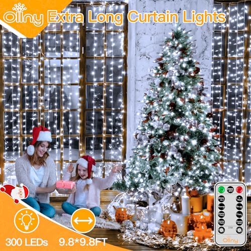 Ollny 300 LED 9.8ftx9.8ft Outdoor Waterproof Christmas Curtain Lights with Remote Timer 8 Modes, USB Powered, Cool White - Image 2