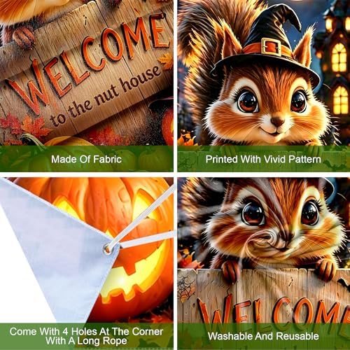 Halloween Door Cover 35.4x70.8in, Cute Squirrel Witch Hat Welcome to The Nut House Front Porch Banner, Jack-o-Lantern Pumpkin Fall Backdrop for Indoor Outdoor Home Yard Decorations - Image 4