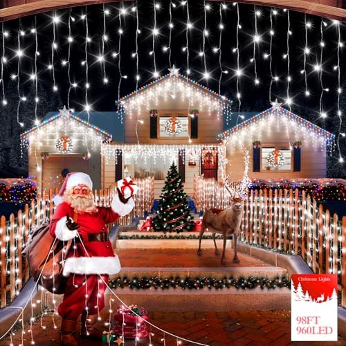 FLVOECN 98FT 960 LED Christmas Lights, Waterproof 8 Modes Ice Lights for Outside with Memory and Timer Hanging Fairy Lights Plug-in Curtain String Lights for Holiday Party Wedding Home (Cool White) by FLVOECN