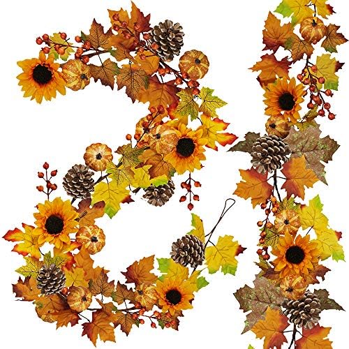 Winlyn 2 Pack Fall Maple Leaf Garland - 6ft/Piece Artificial Berries Sunflower Pumpkin Autumn Garland Decoration for Wedding Party Thanksgiving Dinner Fireplace Door Frame Doorway Backdrop Decor by Winlyn