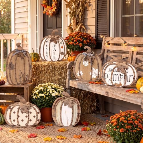 Beeveer 6 Pcs Fall Outdoor Decorations Large Outdoor Wood Pumpkin Porch Sign Wooden Pumpkin Standing Decor Fall Thanksgiving Decor Welcome Yard Sign for Autumn Home Front Door Kitchen Yard Garden - Image 2