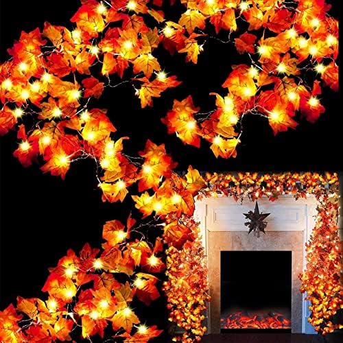 TURNMEON 6 Pack Fall Garland with Lights Enlarged Maple Leaves 60Ft 120LED by TURNMEON
