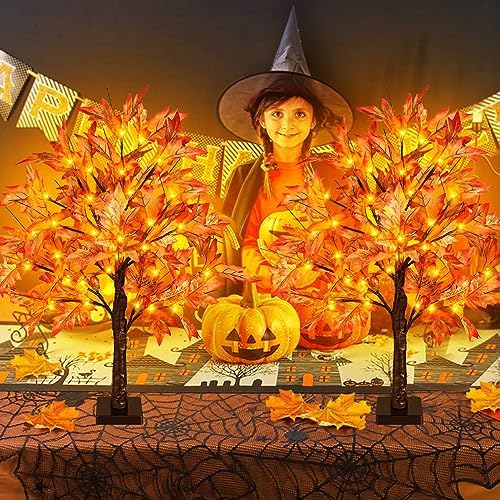 Remon 36 LED Lighted Fall Maple Tree - 2FT Thanksgiving Tabletop Lamp Decor with 72 Maple Leaves, 6 Acorns, Timer, Burlap Base, Battery Operated 24 Inch Fall Artificial Tree for Autumn Decorations - Image 7