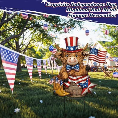 Amyhill 4th of July Highland Cow Outdoor Decor Patriotic Star Metal Garden Stakes Decorative Red White Blue Calf Lovers Yard Signs with Stakes for Independence Day Memorial Day Garden Lawn Decorations - Image 2