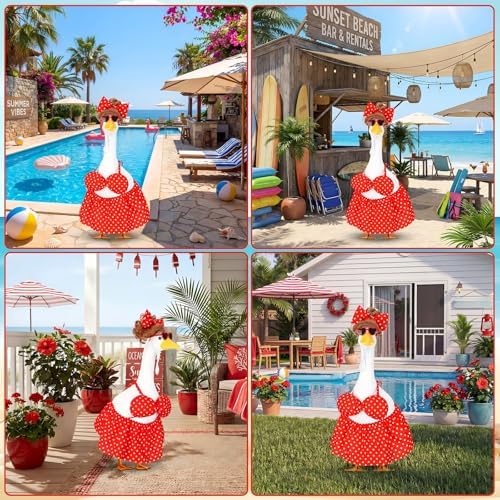 Abbylike Summer Bikini Porch Goose Outfit Red Polka Dot Bikini Yard Goose Hawaiian Clothes with Sunglasses and Curls Wigs Fits Large 23'' H Cement for Outdoor Garden Patio Pathway Statue Art Decor - Image 6