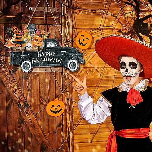 Huwena Halloween Welcome Door Sign Wood Vintage Rustic Hanging Decoration Halloween Horror Pattern Welcome Front Door Sign Wall Decoration for Indoor Outdoor Party(Truck Style) - Image 6