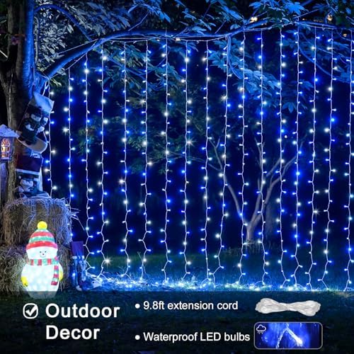 JMEXSUSS 300LED Christmas Curtain Lights Plug in, Blue and White, 9.8x9.8ft - Image 3