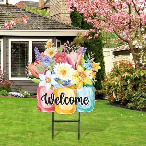 JarThenaAMCS Spring Flower Metal Garden Stakes Colorful Floral Vase Decorative Lawn Sign Welcome Yard Sign for Home Outside Lawn Porch Walkway Decor - Image 7