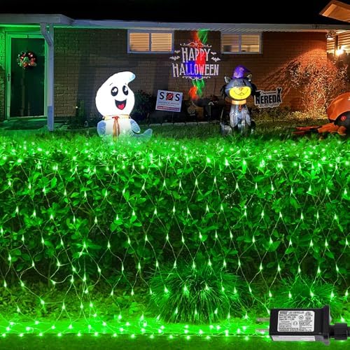 YEGUO Halloween Net Lights Outdoor Mesh Lights, 12ft x 5ft 360 LED Green Bush Light Outdoor Waterproof, 8 Modes Connectable Clear Wire Christmas Light Plug in by YEGUO
