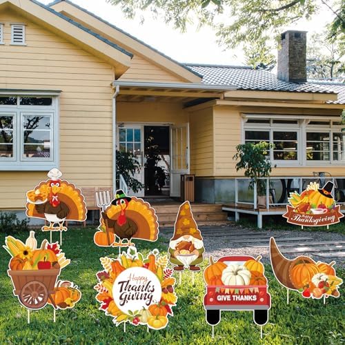 Thanksgiving Yard Signs 8pc with Stakes Happy Thanksgiving Outdoor Decorations Turkey Pumpkins Harvest Garden Wall Porch Signs Seasonal Holiday Party Supplies Lawn Yard Decorations - Image 6