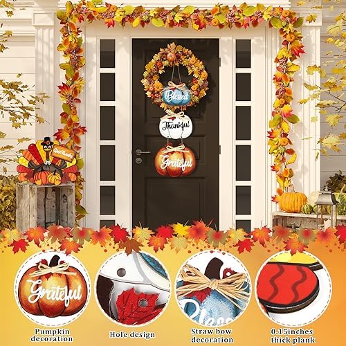Thanksgiving Decoration Wood Pumpkin Turkey Door Wall Wreath for Front Door Sign Thankful Blessed Grateful, Pumpkin Sign for Fall Autumn Harvest Home Thanksgiving Party Outdoor Halloween Decoration - Image 2
