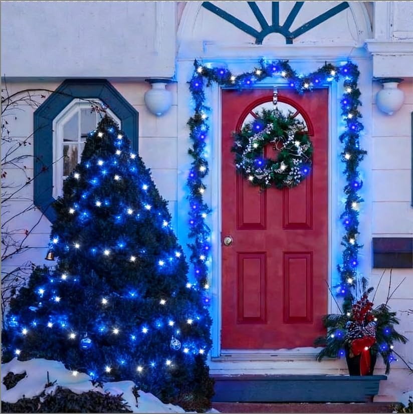 LAMPHOME 66FT 200 LED Blue White String Lights, 16 Modes Plug In Mini Fairy Lights, Waterproof Outdoor Christmas Lights for Hanukkah Xmas Tree Garland Bedroom Ocean Party July 4th Patriotic Decoration - Image 3