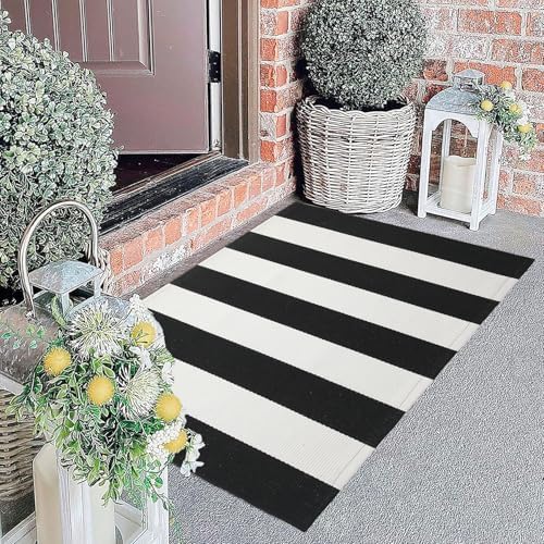 Striped Outdoor Rug 27.5x43 Black and White Front Door Mat, Layering Rug for Porch, Washable Doormat, Cotton Area Rug for Outdoor Entrance Entryway Patio Porch Decor by Unknown