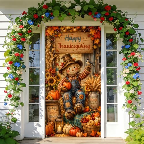 NYZE Happy Thanksgiving Scarecrow Door Cover, Fall Harvest Pumpkin Sunflower Door Banner, Autumn Maple Leaf Farmhouse Porch Decor for Thanksgiving Indoor Outdoor - Image 7