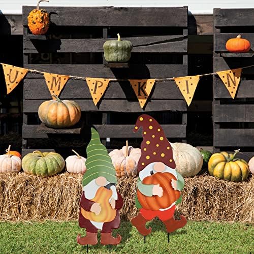 YEAHOME Fall Decorations for Home Outdoor, 2 Pack 25" Decorative Garden Stakes with Gnomes Pumpkin for Fall Decor, Metal Yard Signs for Outside Garden Lawn Porch Patio Thanksgiving Decorations - Image 5