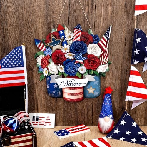 Patriotic Decoration American Flag Welcome Door Sign Independence Day Wreath for Front Door Red White Blue American Flag Hanging Sign 250th Anniversary Decor for Home Doors - Image 2