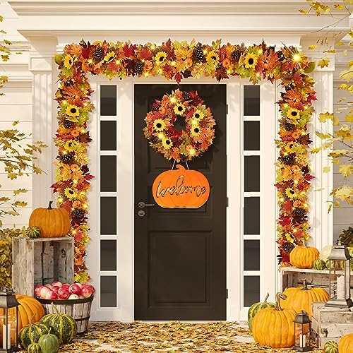 Waipfaru Fall Garland with Lights - 5.7 Ft Lighted Autumn Sunflower Garland - Image 5