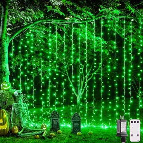 JMEXSUSS 300 LED Green Curtain Lights for Halloween Decor, 9.8x9.8ft by JMEXSUSS