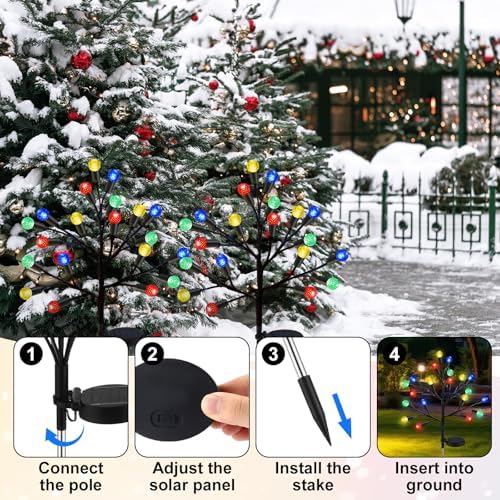 Glooglitter 2 Pcs 40 LED Christmas Solar Pathway Lights Outdoor Decoration 28" Christmas Yard Stake Light Waterproof Solar Xmas Decoration 8 Modes Pineapple Ball Tree for Walkway Path Garden Patio - Image 3