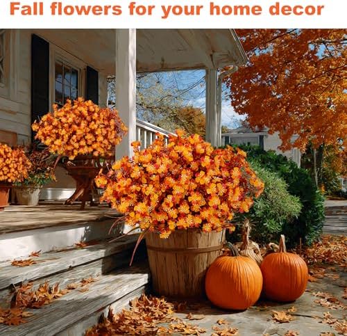 AXYLEX Artificial Fall Flowers Outdoor Fake Mums (Orange, 12 Bundles) - Image 6