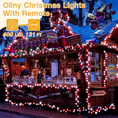 Ollny Red and White Christmas Lights Waterproof, 400LED 131FT String Lights with Remote 3 Timer, Plug in 8 Modes Fairy Light for Xmas Tree Indoor Bedroom House Party Wedding Decorations - Image 2