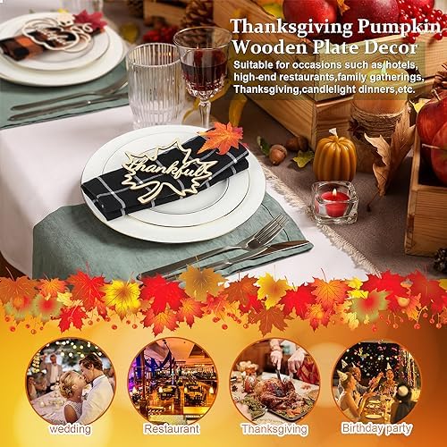 12 Pcs Thanksgiving Maple Leaf Pumpkin Wooden Plate Decor Grateful Wood Cutouts Fall Autumn Thankful Blessed Favour Gather Party Place Card Table Settings Signs for Farmhouse Dining Table - Image 3