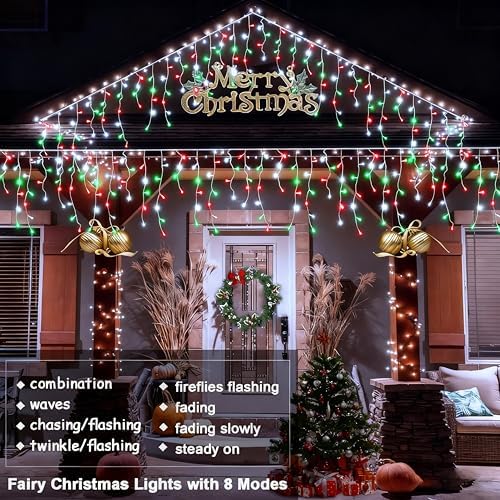 2 Pack Red White Green Christmas Icicle Lights Battery Operated, Total 204 LED Twinkle Icicle Lights 20Ft Clear Wire with 8 Lighting Modes Timer Function for Outdoor Indoor House Party Decoration - Image 5