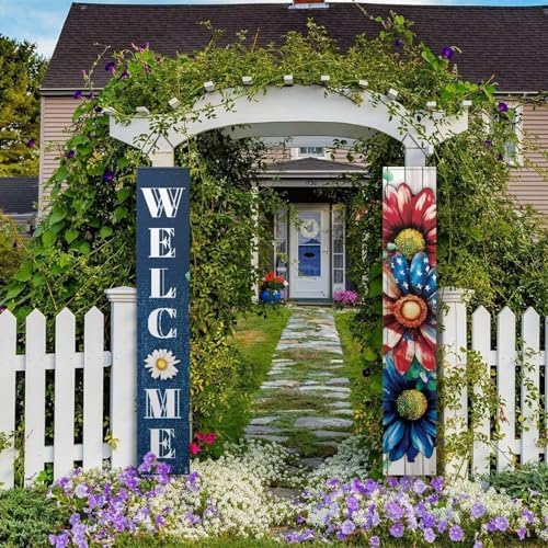 doginthehole 2pcs 4th of July Independence Day Welcome Porch Banner Cute Border Collie Floral Memorial Day Patriotic Door Porch Sign, Blue White Red - Image 5