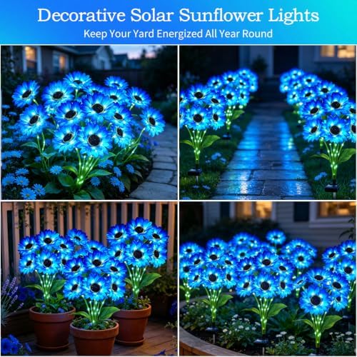 MRHEPHAESTUS Solar Garden Lights Outdoor, 4 Pack Solar Blue Sunflower Lights with 18 Head 3.5 Inch Flowers, Waterproof Flowers Light Fall Decor Auto ON/Off for Garden Yard Patio, Gifts for Mom Women - Image 6